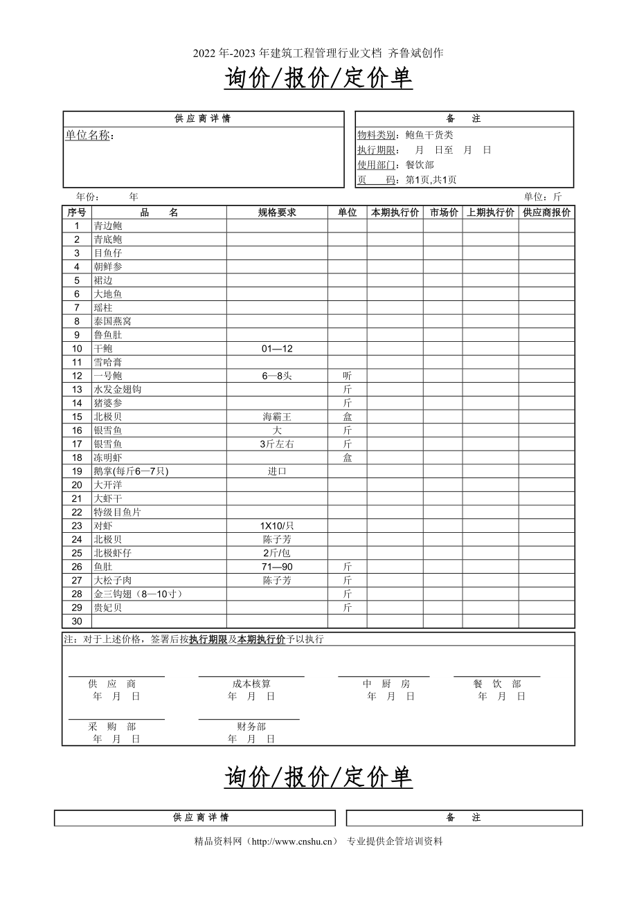 餐饮采购报价单9-鲍鱼干货类_第1页