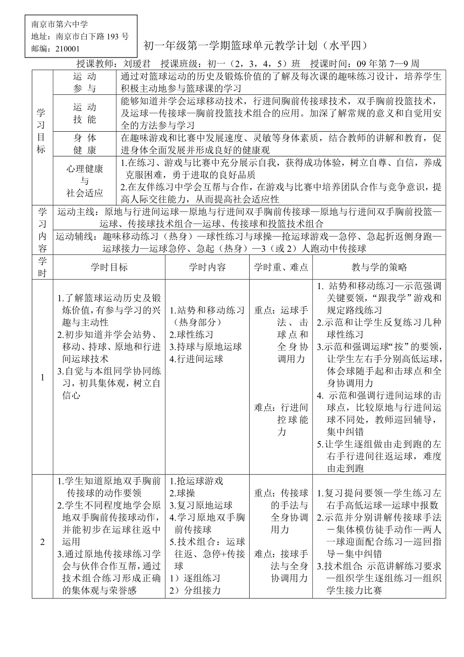 初一年级第一学期篮球单元教学计划（水平四）_第1页