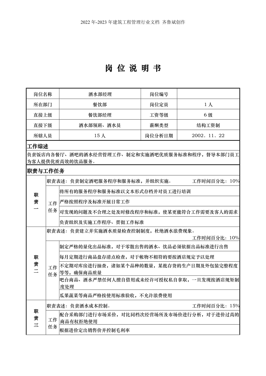 x国际大酒店餐饮部岗位说明书-酒水部经理(doc)_第1页