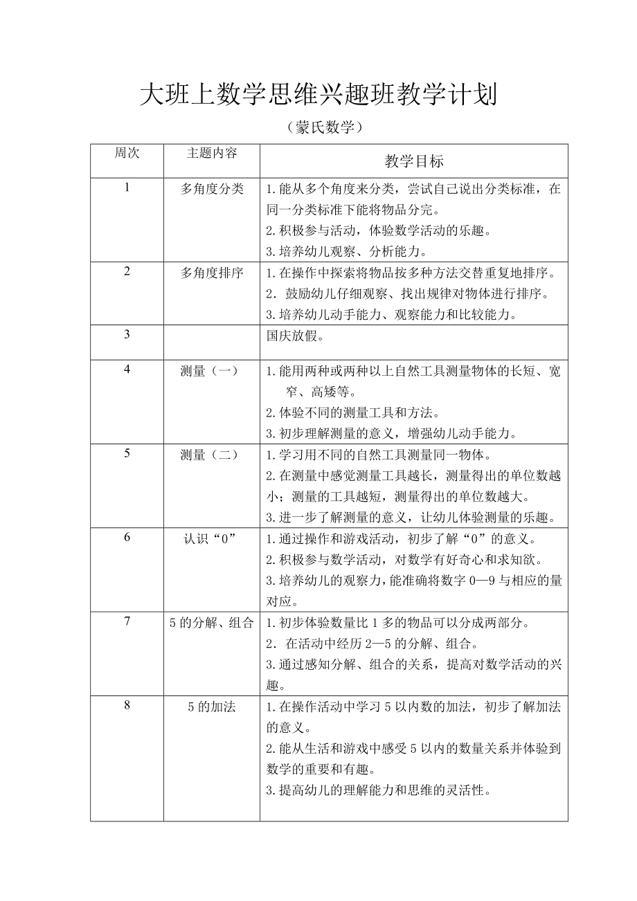 蒙氏数学大班上学期数学思维兴趣班教学计划_第1页