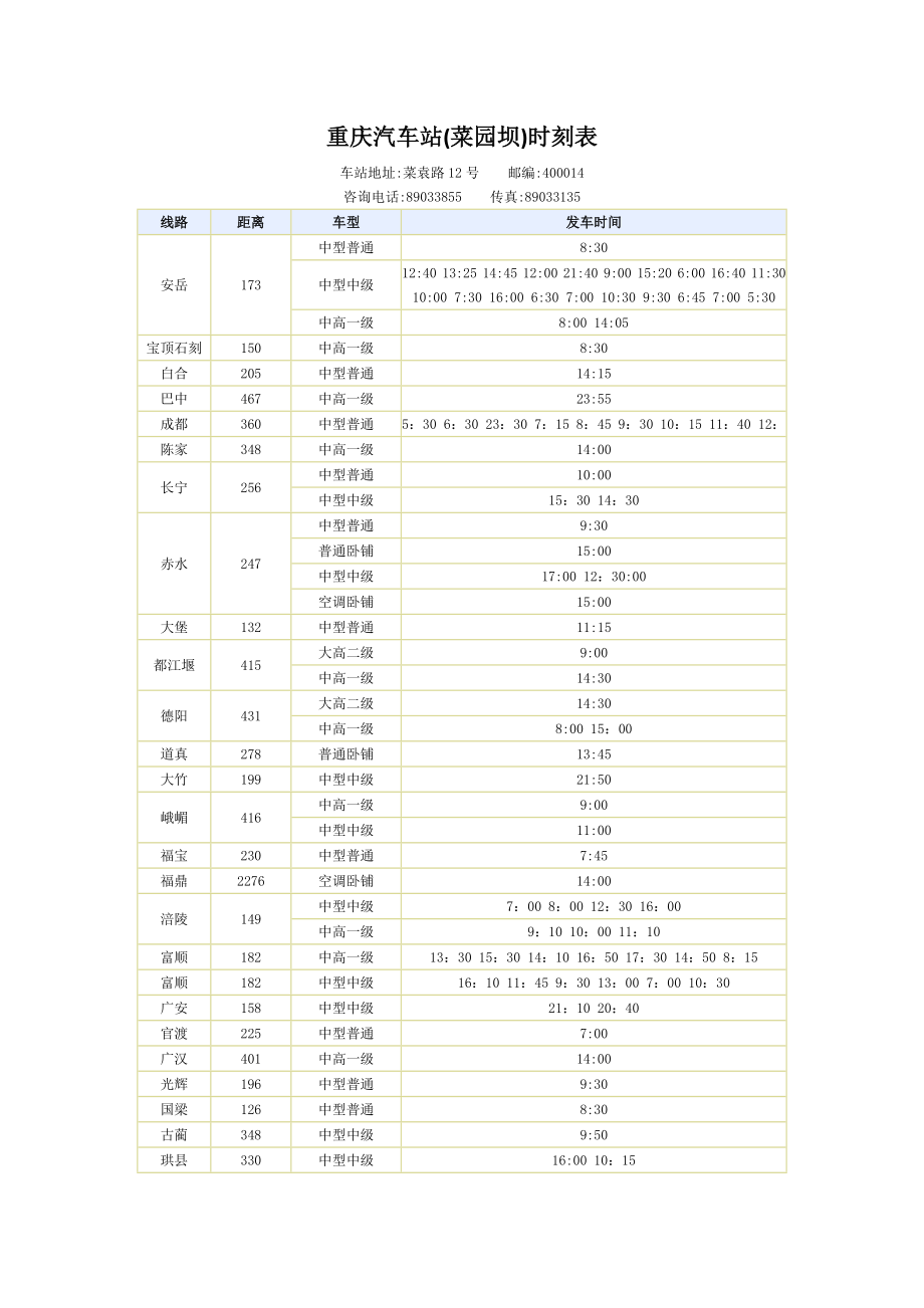重庆菜园坝汽车站时刻表_第1页