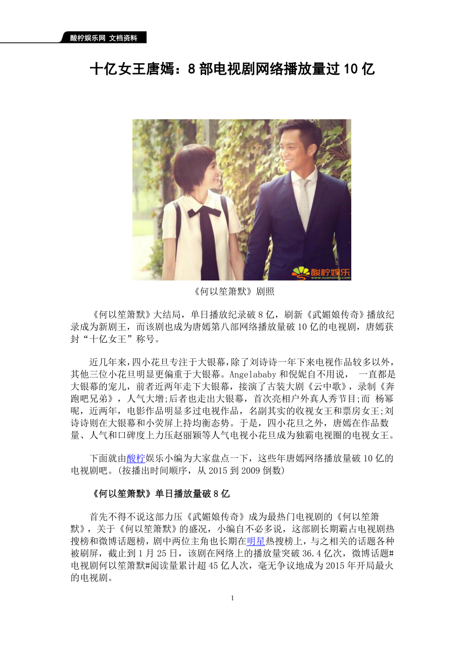 十亿女王唐嫣：8部电视剧网络播放量过10亿_第1页