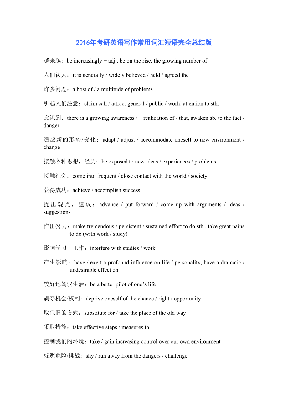 2016年考研英语写作常用词汇短语完全总结版_第1页