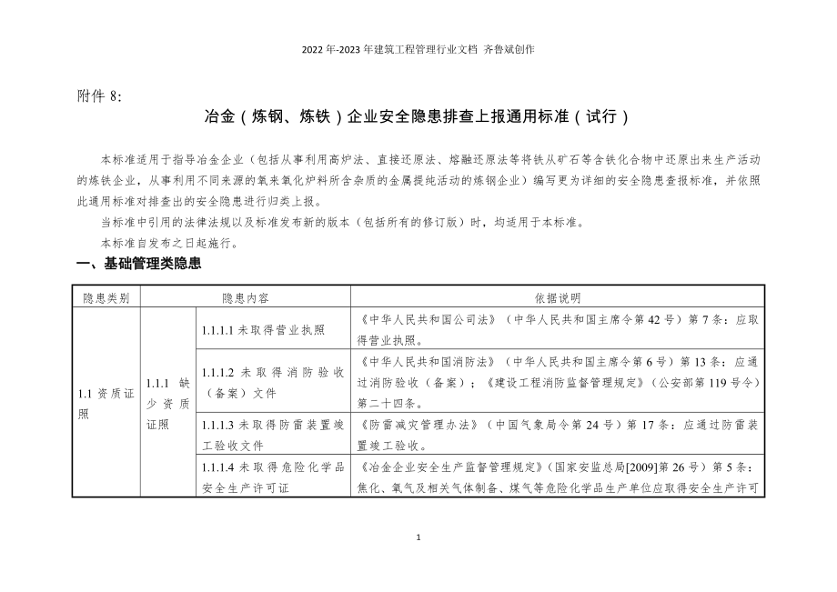 8冶金(炼钢、炼铁)企业安全隐患排查上报通用标准_第1页