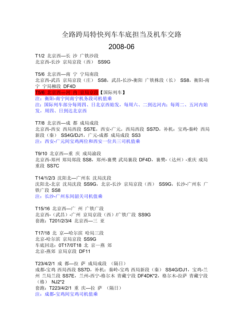 跨局特快车底归属及机车交路_第1页