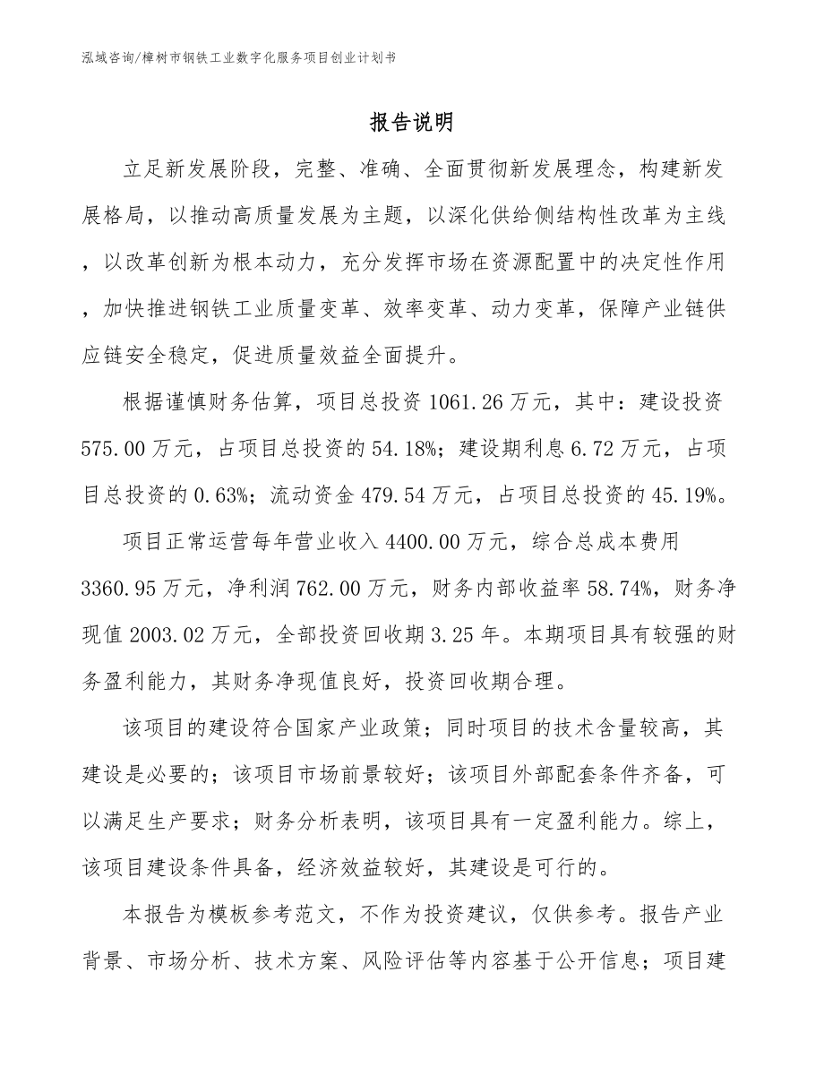 樟树市钢铁工业数字化服务项目创业计划书（范文模板）_第1页