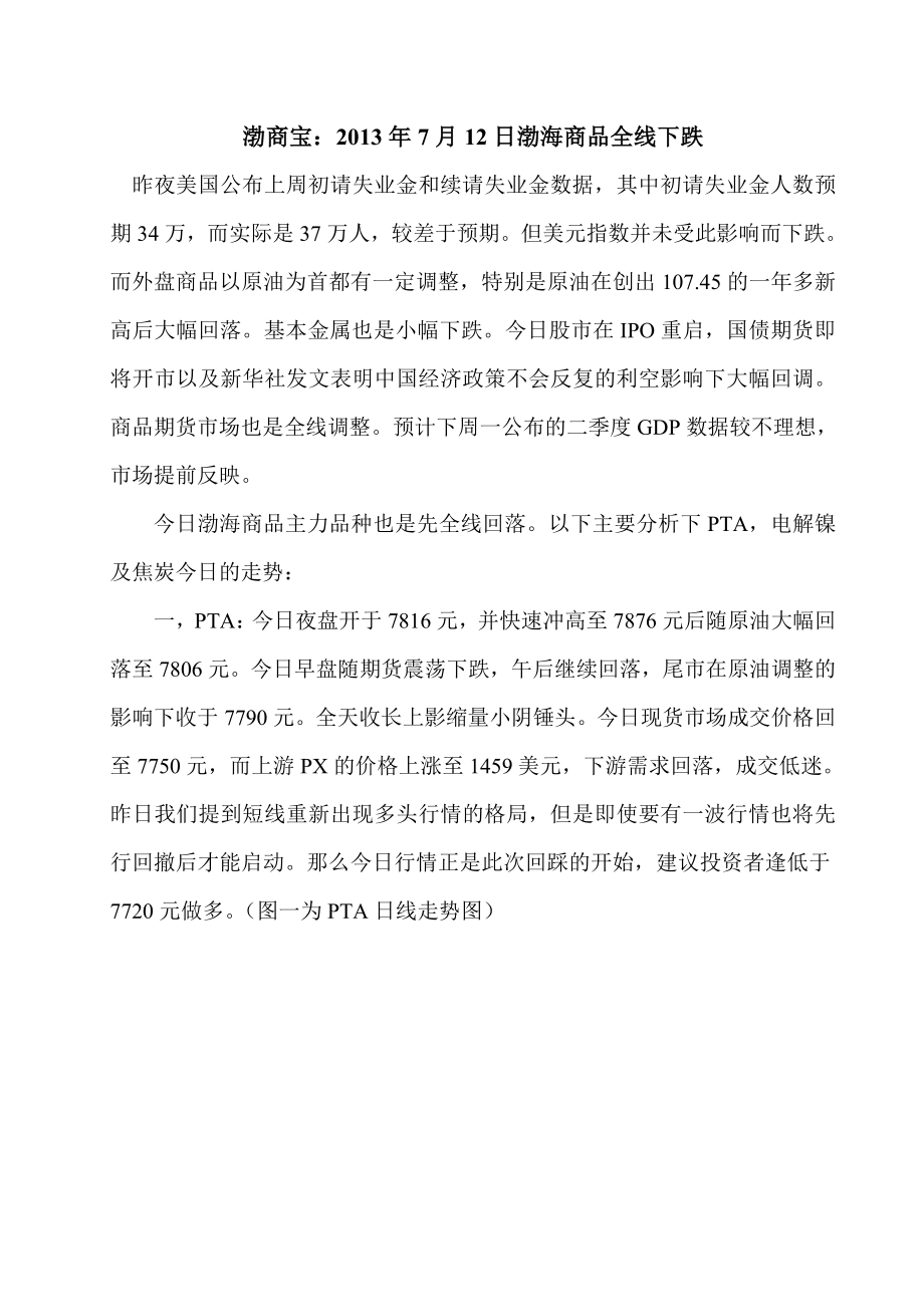 渤商宝：2013年7月12日渤海商品全线下跌_第1页