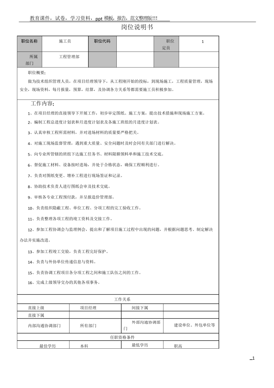 施工员岗位说明书_第1页