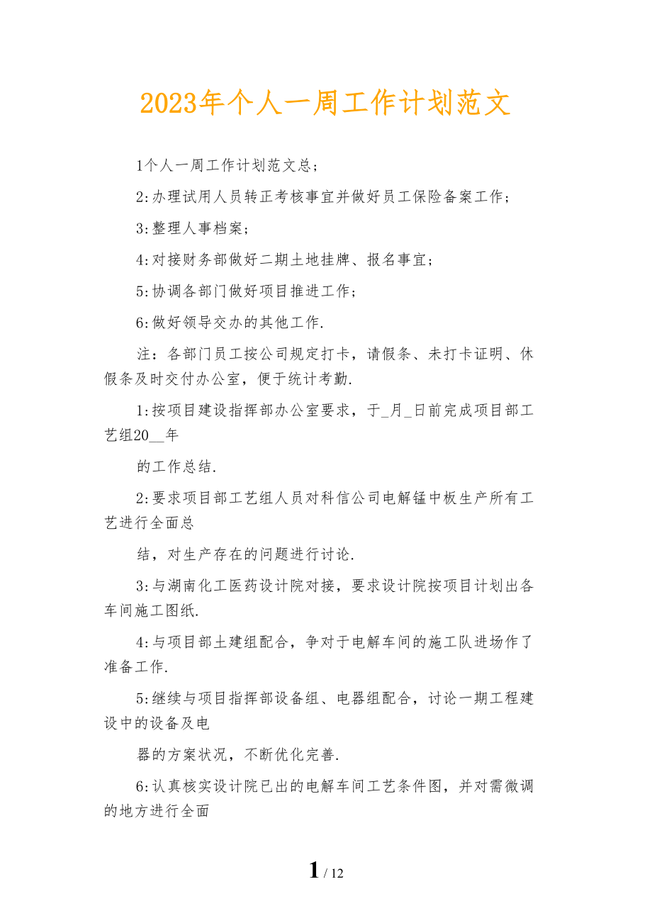 2023年个人一周工作计划范文_第1页