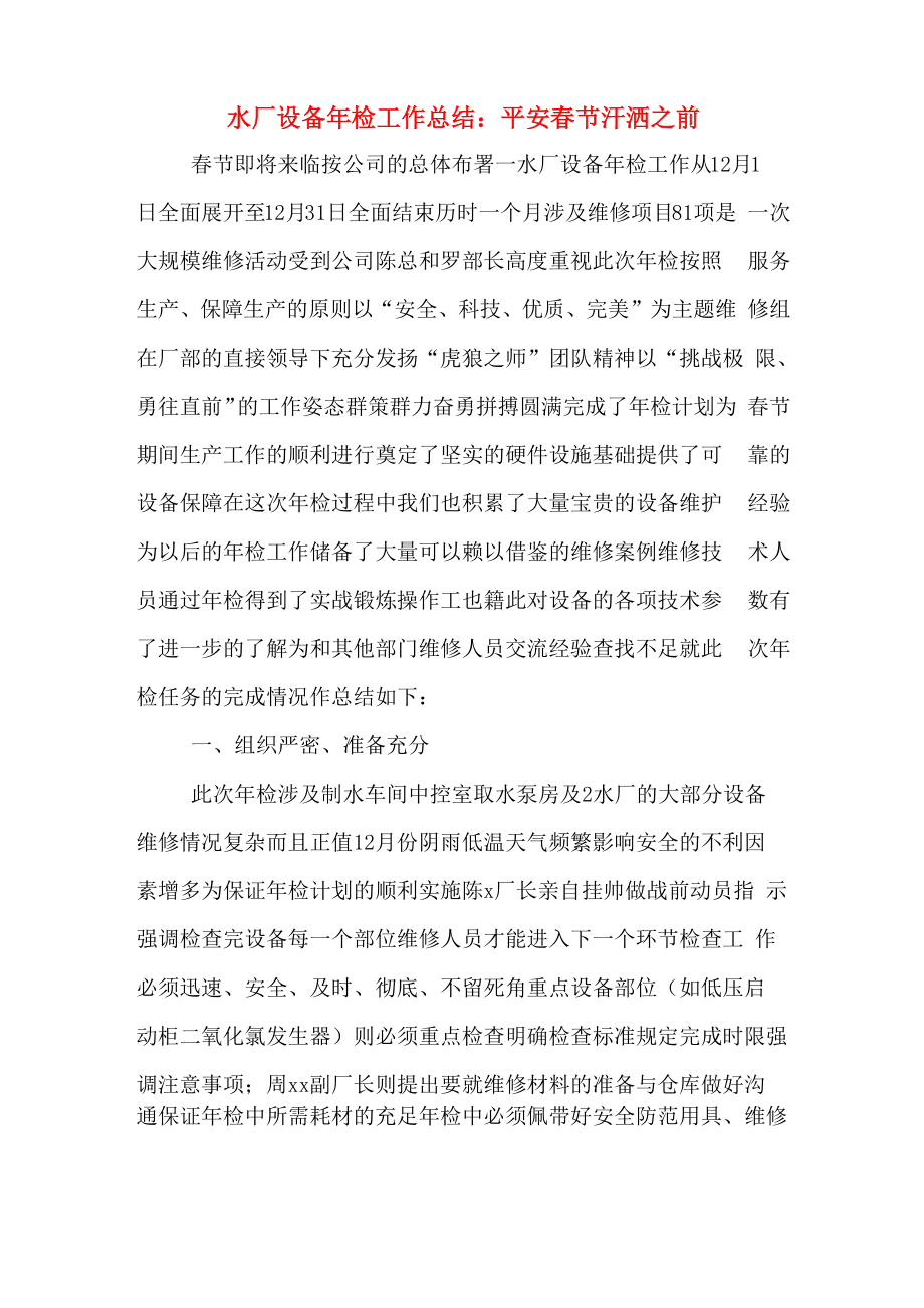水厂设备年检工作总结：平安春节汗洒_第1页