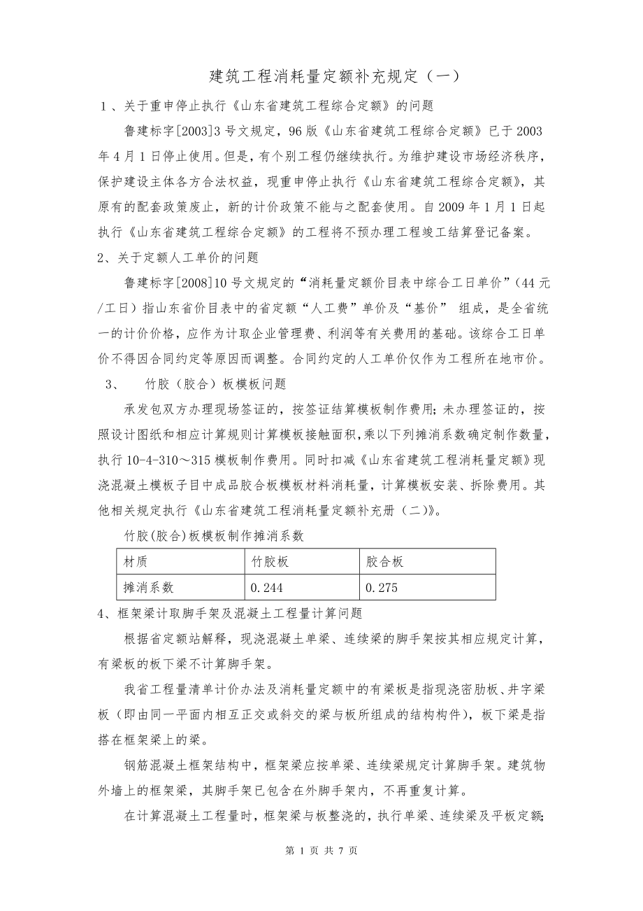山东省建筑工程消耗量定额补充规定(一)烟台市解释_第1页
