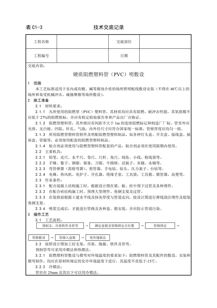 硬质阻燃塑料管（PVC）明敷设工艺技术交底记录_第1页
