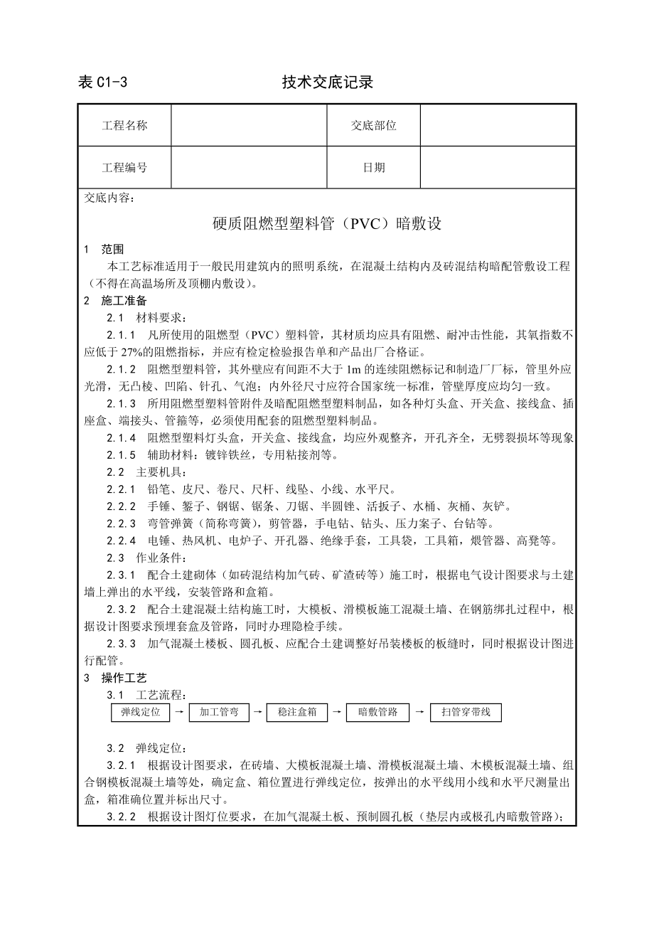 硬质阻燃型塑料管（PVC）暗敷设工艺技术交底记录_第1页