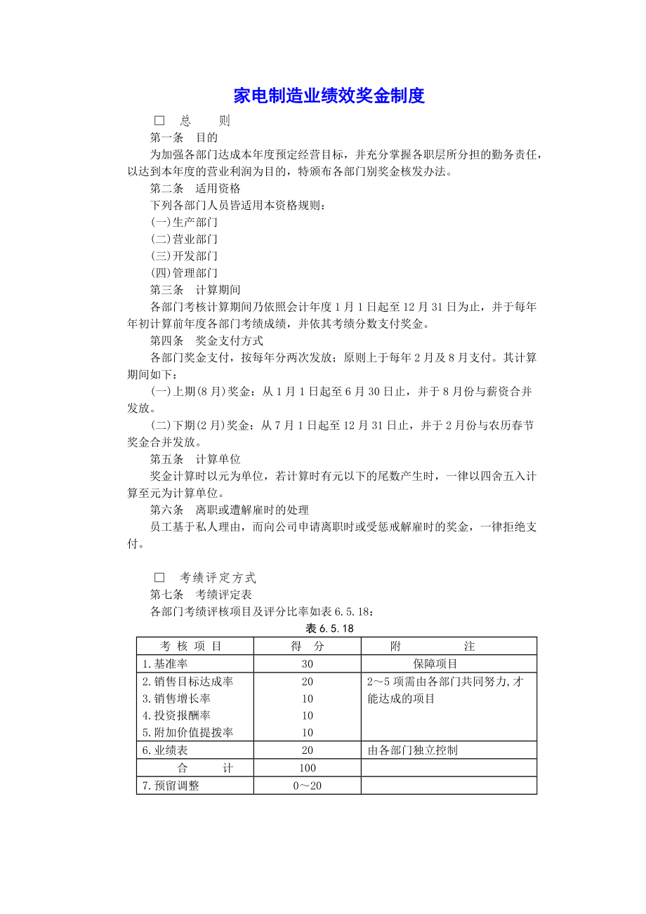 家电制造业绩效奖金制度参考Word_第1页