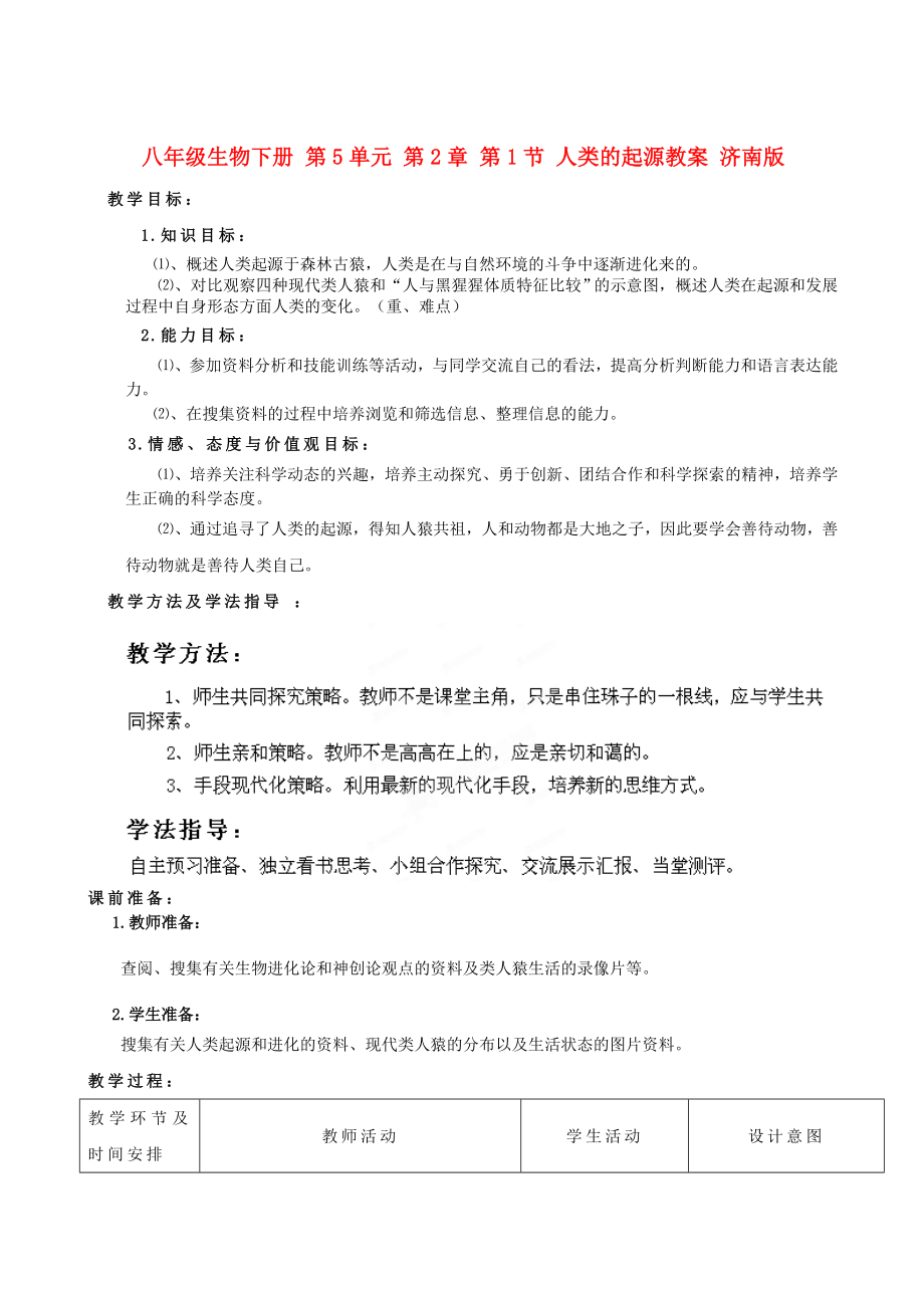 八年级生物下册 第5单元 第2章 第1节 人类的起源教案 济南版_第1页