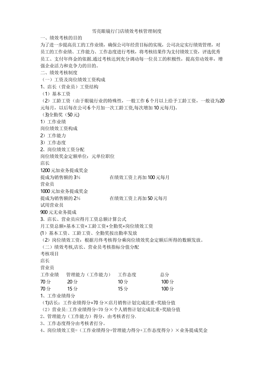 雪亮眼镜行门店绩效考核管理制度_第1页