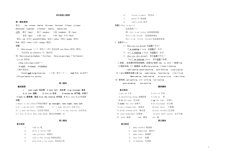 外研社版三起英语四年级上册复习提纲-短语+句型_第1页