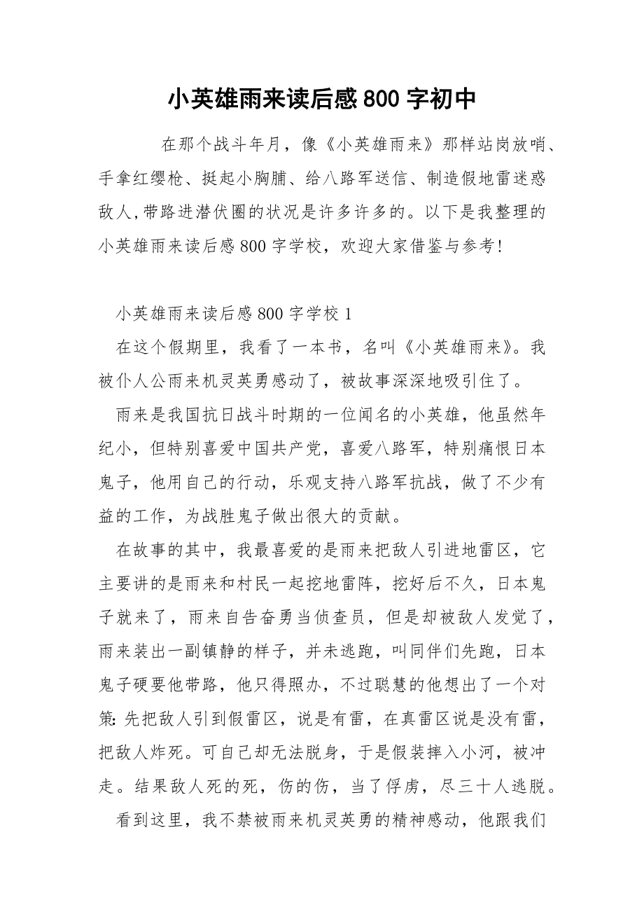 小英雄雨来读后感800字初中_第1页