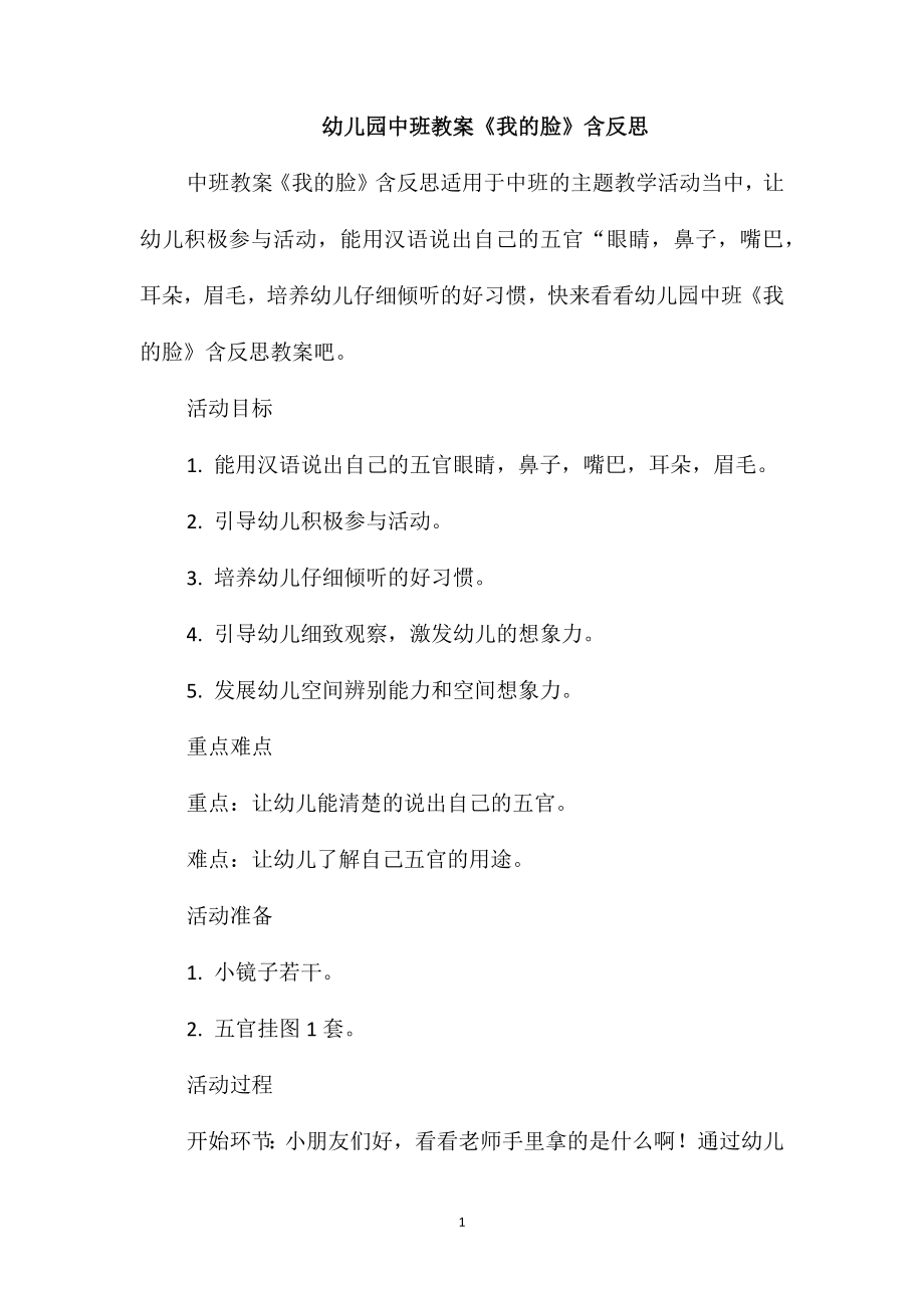 幼儿园中班教案《我的脸》含反思_第1页