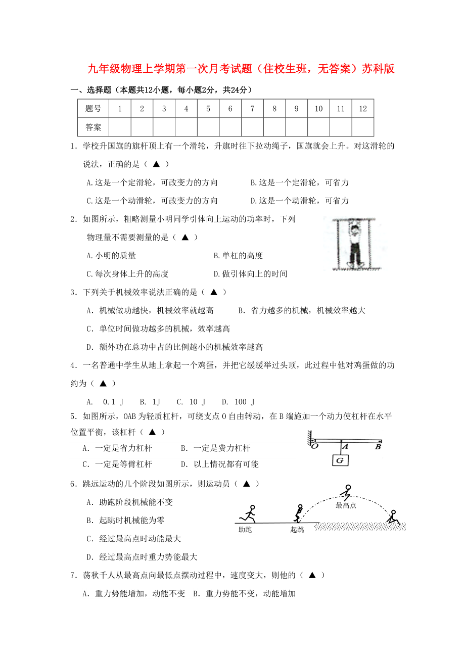 九年级物理上学期第一次月考试题（住校生班无答案） 苏科版_第1页
