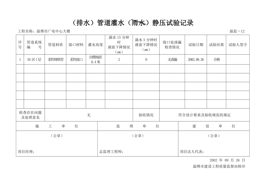 (排水)管道灌水(雨水)静压试验记录_第1页
