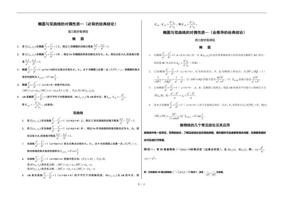 高考数学椭圆与双曲线的经典性质50条1_第1页