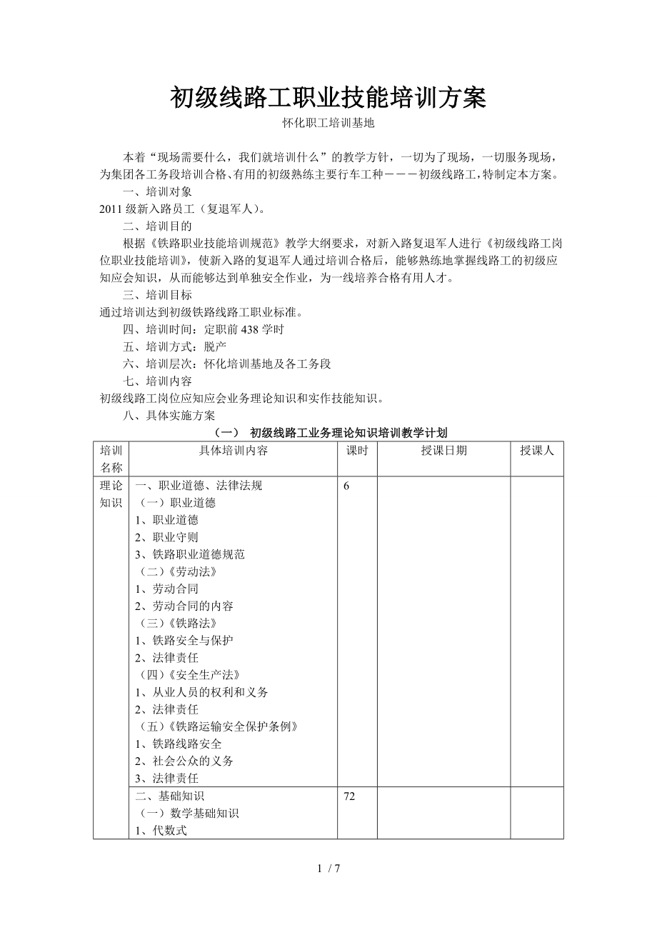 铁路初级线路工职业技能培训方案_第1页