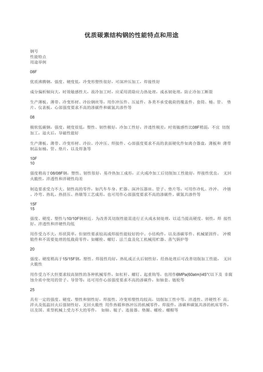 优质碳素结构钢的性能特点和用途_第1页