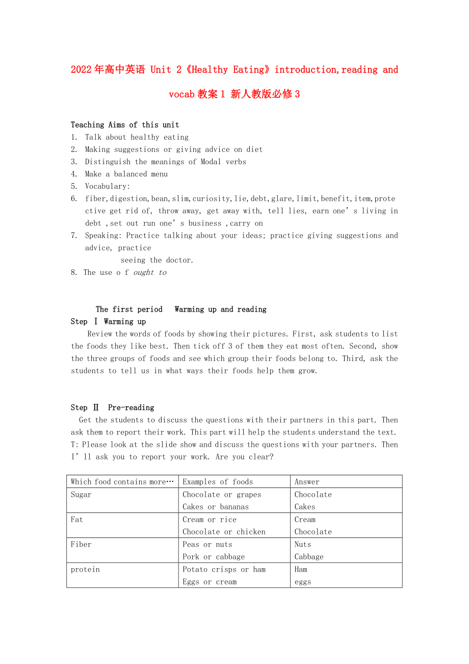 2022年高中英语 Unit 2《Healthy Eating》introductionreading and vocab教案1 新人教版必修3_第1页